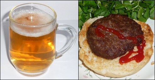 Glass of beer and beef burger