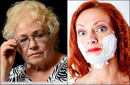 The menopause can cause facial hair growth but many elderly ladies manage to keep their hair quite well Elderly lady and mature lady with shaving cream on face