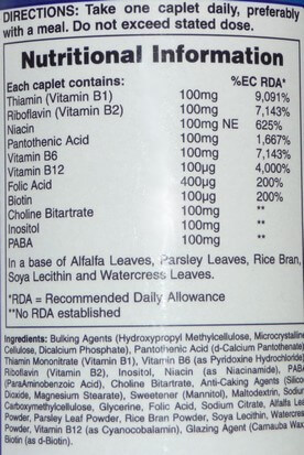 Ingredient list from a high street brand of multi B vitamin supplement Multi B vitamin supplement ingredients list