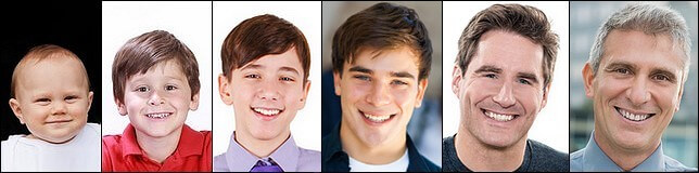 Skull bone growth shown from baby to a senior man